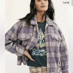 Free People Faded Dreams Cozy Trucker Jacket Sherpa Plaid  Medium coat purple